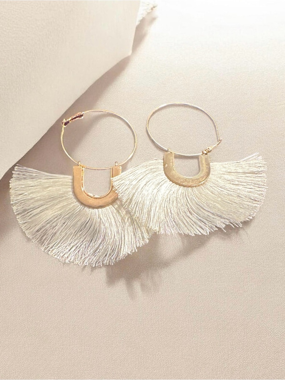 Gold Hoop Earrings with White Fringe Tassels
604
